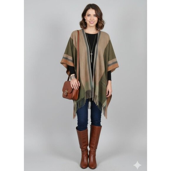 Vince Camuto Boho Brown & Olive Herringbone Striped W/ Fringe Open Front Poncho - Picture 1 of 14